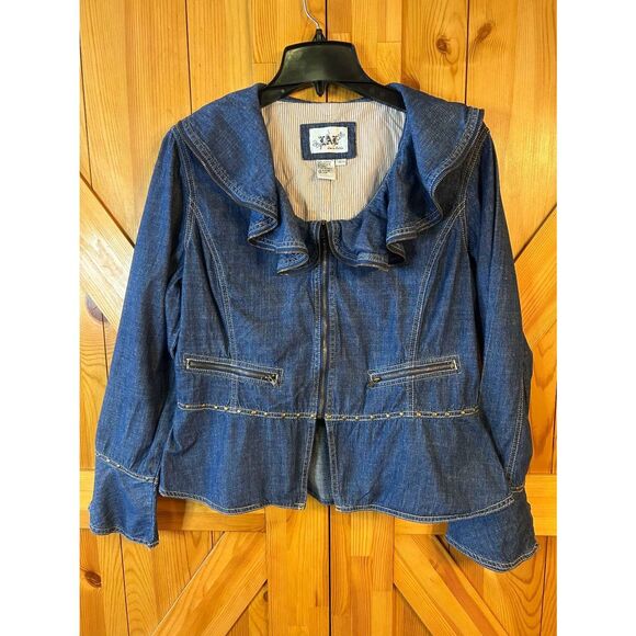 Vtg LIVE A LITTLE Full Zip Denim Jacket Ruffled Wide Collar Size Large (5174) - Picture 1 of 6